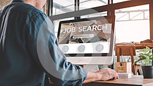 Job search concept, find your career, Man looking at online website by laptop computer.People searching for vacancies or position