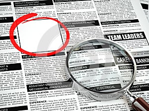 Job search concept. Loupe, newspaper with employment advertisements.