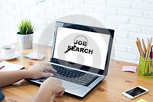 Job Search Concept on screen computer,Businesswoman Internet online working laptop