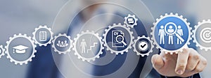 Job search, headhunting and recruitment process concept. Icons for skills, education, qualification, interview and application photo