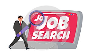 Job search internet recruitment unemployment man  with magnifying glass laptop