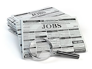 Job search. Loupe with jobs classified ad newspapers isolated photo