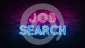 Job search neon sign. purple and blue glow. neon text. Brick wall lit by neon lamps. Night lighting on the wall. 3d illustration.