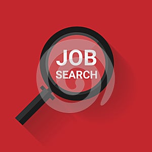 Job search vector illustration with magnifying glass over red background