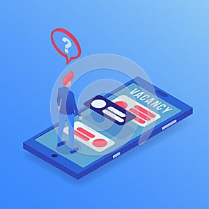 Job searching app isometric illustration. Unemployed man choosing vacancies on Internet, using mobile application