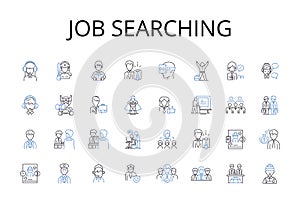Job searching line icons collection. Career hunting, Employment seeking, Work exploring, Position finding, Occupation