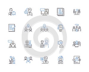 Job searching outline icons collection. Job hunting, Recruiting, Applying, Interviewing, Networking, Contracting