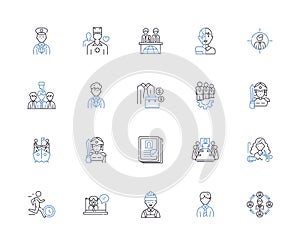 Job searching outline icons collection. Job hunting, Recruiting, Applying, Interviewing, Networking, Contracting