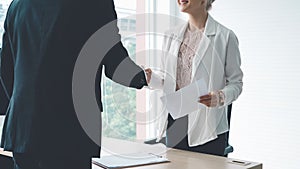 Job seeker and manager handshake in job interview