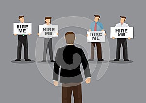 Job Seekers Holding Placard Says Hire Me to Employer Cartoon Vector Illustration