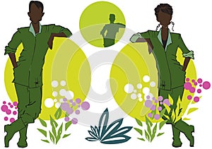 African Gardener Couple and Grass Flower Cartoon