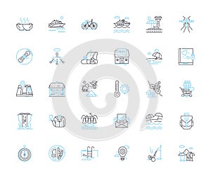 Job travels linear icons set. Itinerary, Expenses, Accommodation, Per diem, Schedule, Jetlag, Travelogue line vector and