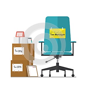 Job vacancy advertisement for Tax Manager with office workplace chair in flat design.