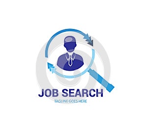 Job vacancy work blue search logo design. Magnify, department.