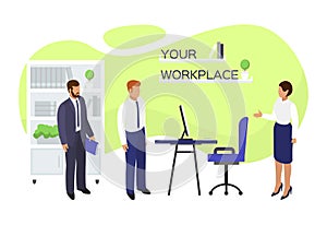 Job vacancy workplace hire, vector illustration. Employment at office, flat hiring and recruitment concept. Business