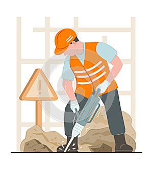 Construction Worker Man Using a Jackhammer on Construction Site