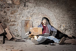 Jobless man with dog sitting on the city sidewalk