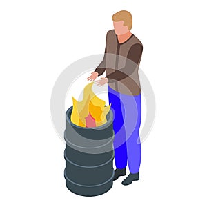 Jobless man at fire barrel icon, isometric style