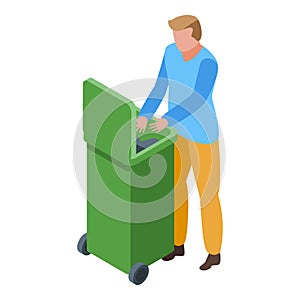 Jobless man in garbage bin icon, isometric style