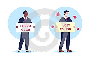 Jobless people with cardboard signs flat concept vector illustration set