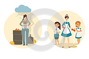 Jobless woman finds new job as maid, people before and after employment, vector illustration