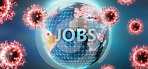 Jobs and covid virus, symbolized by viruses and word Jobs to symbolize that corona virus have gobal negative impact on  Jobs or