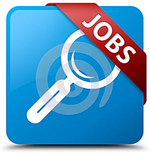 Jobs cyan blue square button red ribbon in corner