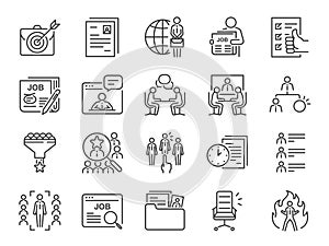 Jobs line icon set. Included icons as career, seeking job, employment, recruit, recruitment and more.
