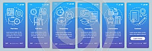 Jobs types blue onboarding mobile app page screen vector template. Part, full-time, temporary, internship. Walkthrough