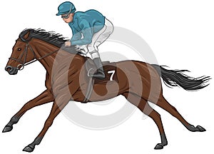 Jockey on a brown racehorse photo