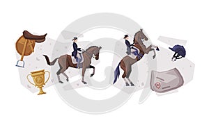 Jockey Club with Man Riding Horse Sitting on Horseback in Saddle Vector Composition Set
