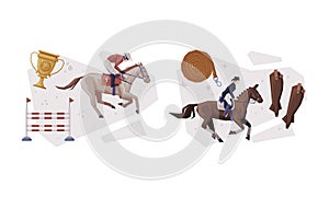 Jockey Club with Man Riding Horse Sitting on Horseback in Saddle Vector Composition Set