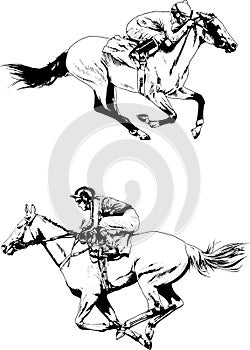 Jockey on a galloping horse painted with ink by hand