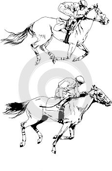 Jockey on a galloping horse painted with ink by hand