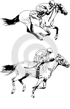 Jockey on a galloping horse painted with ink by hand