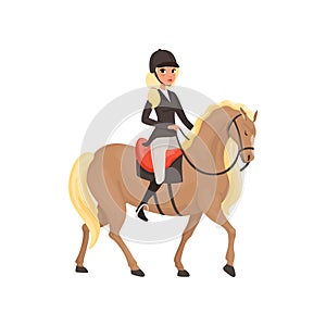 Jockey girl riding horse, equestrian professional sport vector Illustration