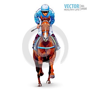 Jockey on horse. Champion. Horse racing. Hippodrome. Racetrack. Jump racetrack. Horse riding. Racing horse coming first