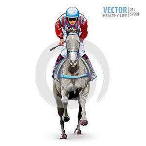 Jockey on horse. Champion. Horse racing. Hippodrome. Racetrack. Jump racetrack. Horse riding. Racing horse coming first