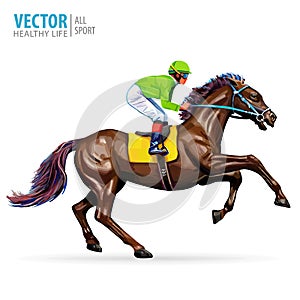Jockey on horse. Champion. Horse racing. Hippodrome. Racetrack. Jump racetrack. Horse riding. Racing horse coming first photo