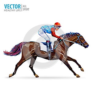 Jockey on horse. Champion. Horse racing. Hippodrome. Racetrack. Jump racetrack. Horse riding. Vector illustration