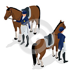 Jockey on the horse. Champion. Horse racing. Hippodrome. Racetrack. Jump racetrack. Isometric vector illustration