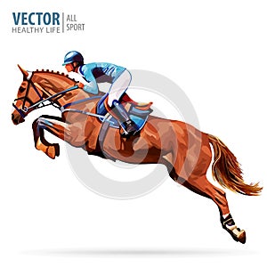 Jockey on horse. Champion. Horse riding. Equestrian sport. Jockey riding jumping horse. Poster. Sport background