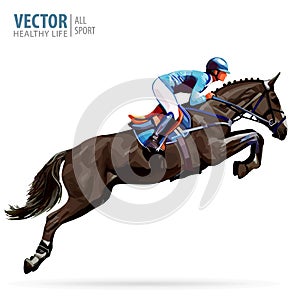 Jockey on horse. Champion. Horse riding. Equestrian sport. Jockey riding jumping horse. Poster. Sport background