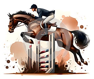 Jockey on horse. Jumping competition. Horse riding. Equestrian sport. Jockey riding jumping horse. Horse sport