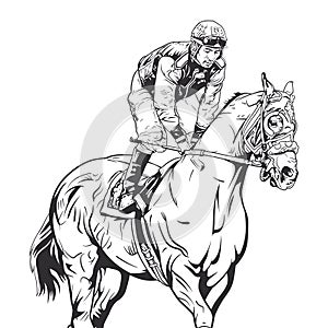 A jockey and horse race in a clear line art vector illustration