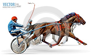 Jockey and horse. Two racing horses competing with each other. Race in harness with a sulky or racing bike. Vector photo