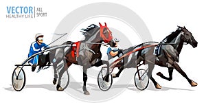 Jockey and horse. Two racing horses competing with each other. Race in harness with a sulky or racing bike. Vector photo