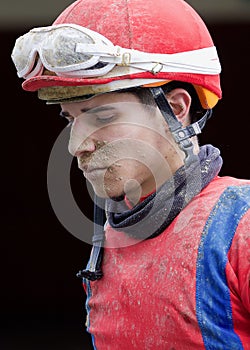 Jockey Jorge Vargas in deep thought after the race at Aqueduct Racetrack