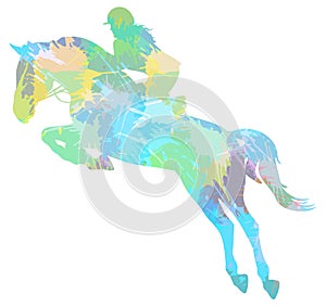 Jockey on jumping horse, equestrian sport. Colorful Splash blot. Vector illustration