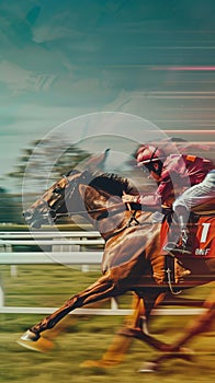 Jockey in pink silks riding to victory, motion-blurred background emphasizing speed on track